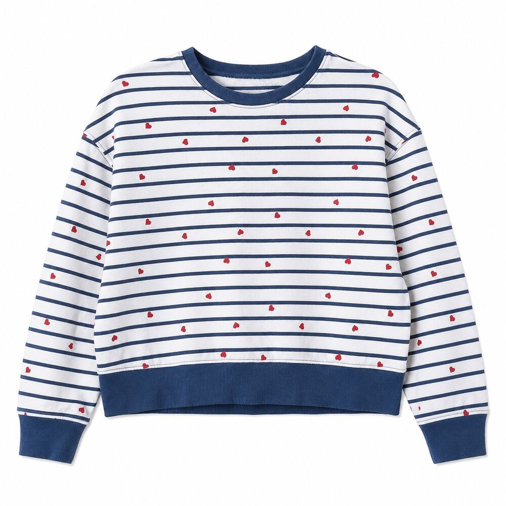 Pact Cotton Lightweight Blue and white Striped Heart pattern Sweat top. Women XS